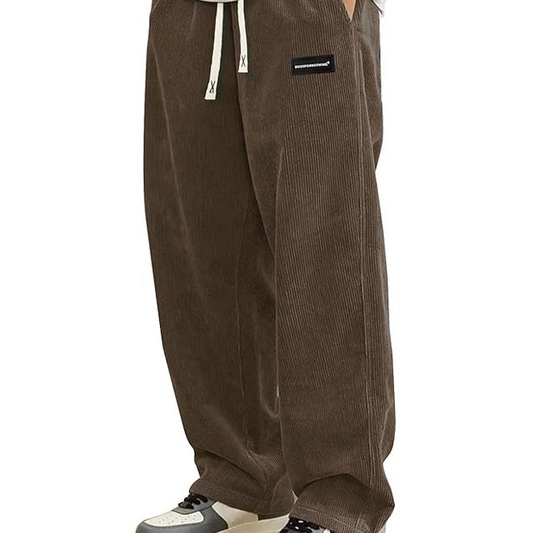 Mens Corduroy Casual Pants Fashion Loose Fit Wide Leg Pants Straight Sweatpants Elastic Waist Drawstring